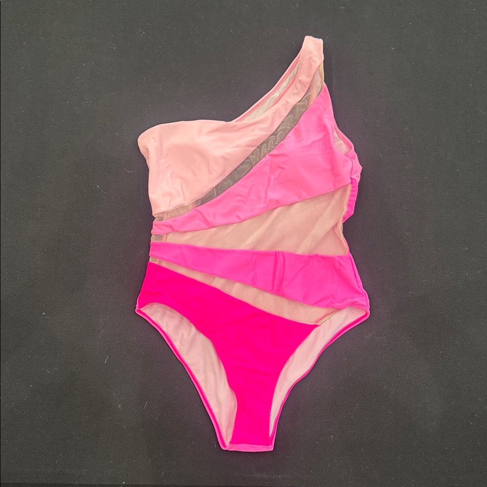 Summer Liket One Shoulder Swimsuit Mesh Cutout One Piece Womens Large Hot Pink